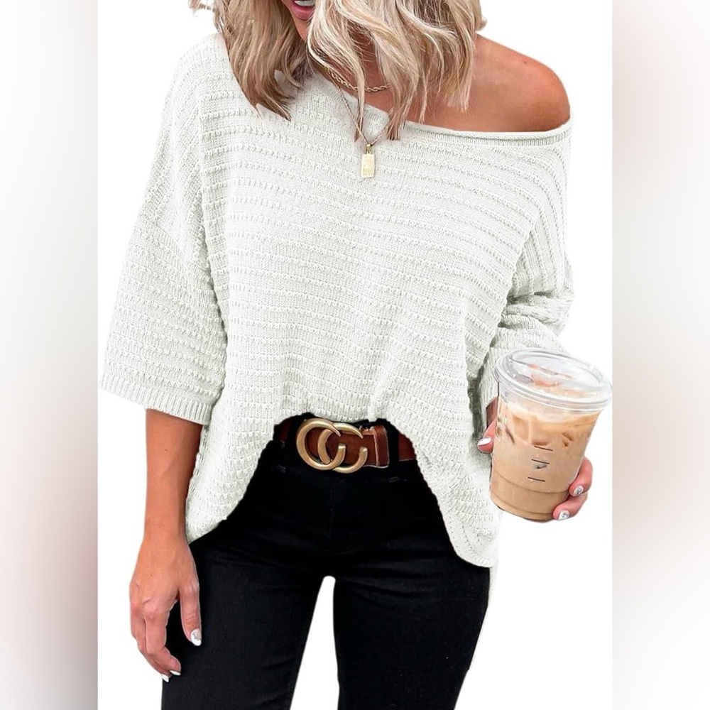 Women's Off-Shoulder Cream Sweater, Size M